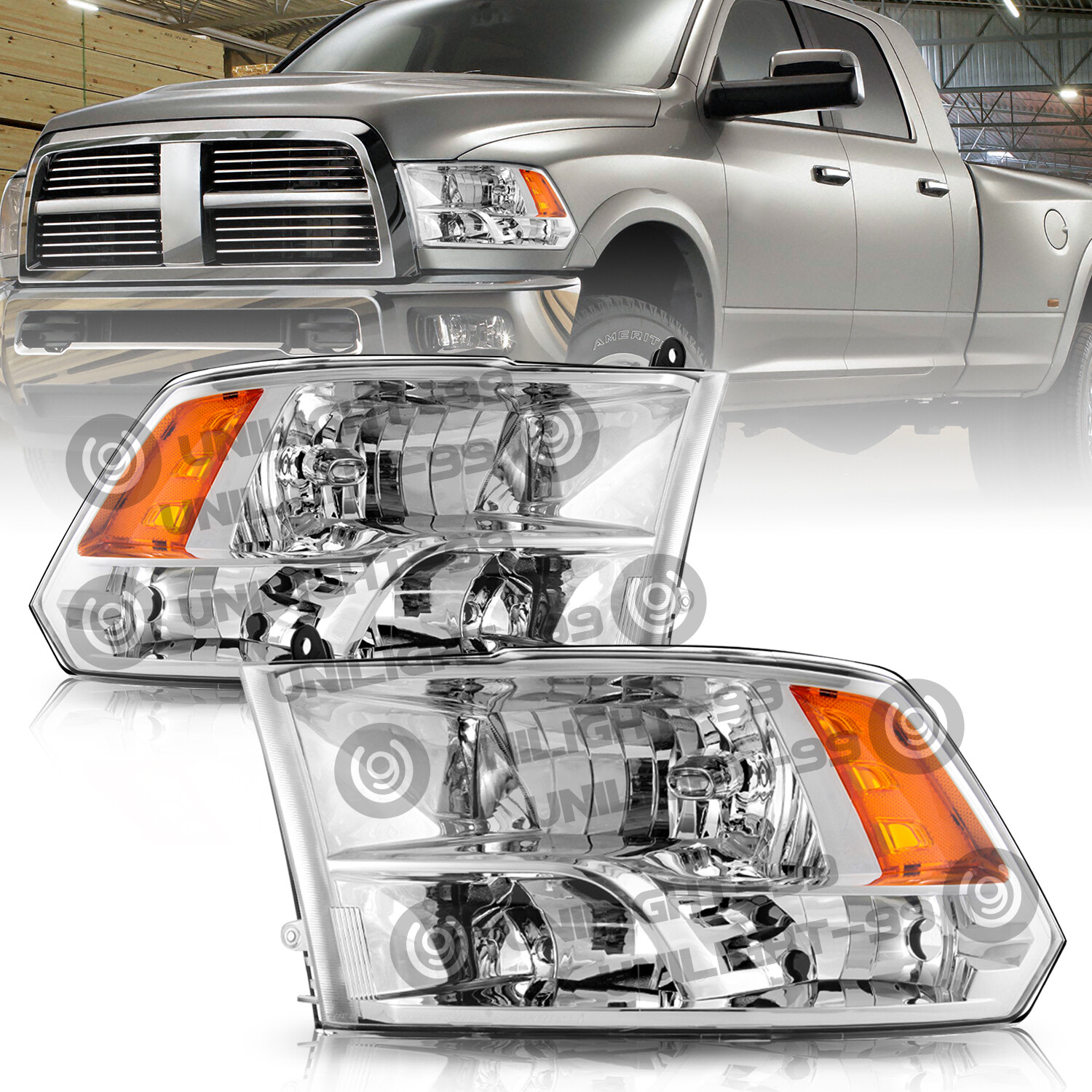 Headlights Assembly for 2009-2018 Dodge Ram 1500 2500 3500 Chrome Quad Headlamps
