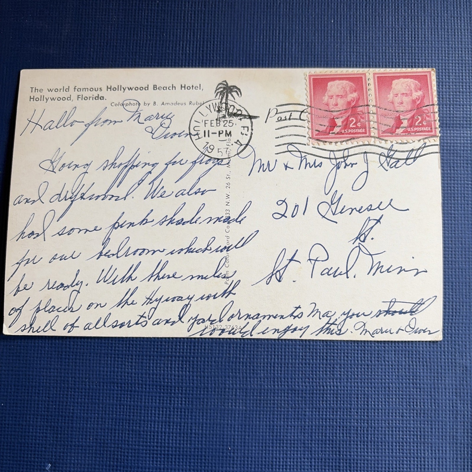 Vintage 1957 Postcard: Hollywood Beach Hotel With Two 2 cent Jefferson Stamps Vintage 1957 Postcard: Hollywood Beach Hotel With Two 2 cent Jefferson Stamps