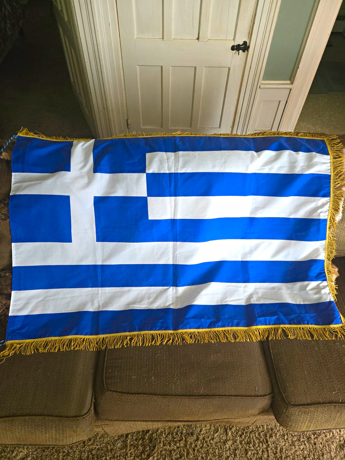 Vintage 1960-70s Greek Flag w/ Gold Fringe Trim, 