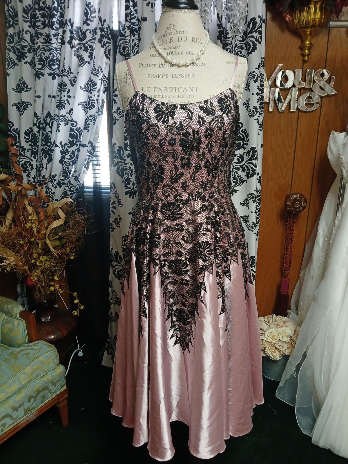 Sue Wong Nocturne Pink Satin Black Lace Wedding Cocktail Dress Size 12
