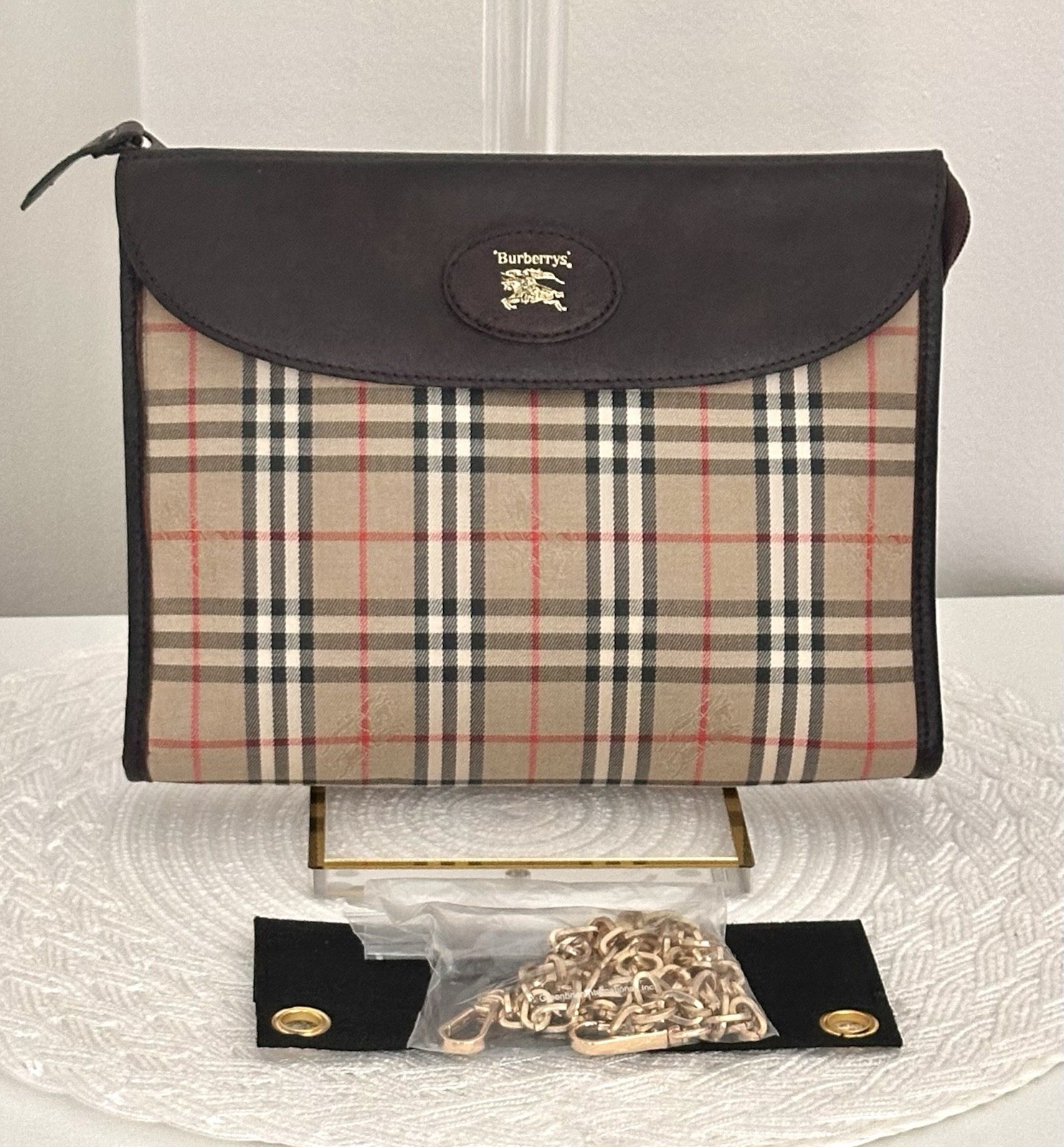 Burberrys Nova Check Clutch Pouch Bag Canvas Leather W/Chain Authentic Burberrys Nova Check Clutch Pouch Bag Canvas Leather W/Chain Authentic