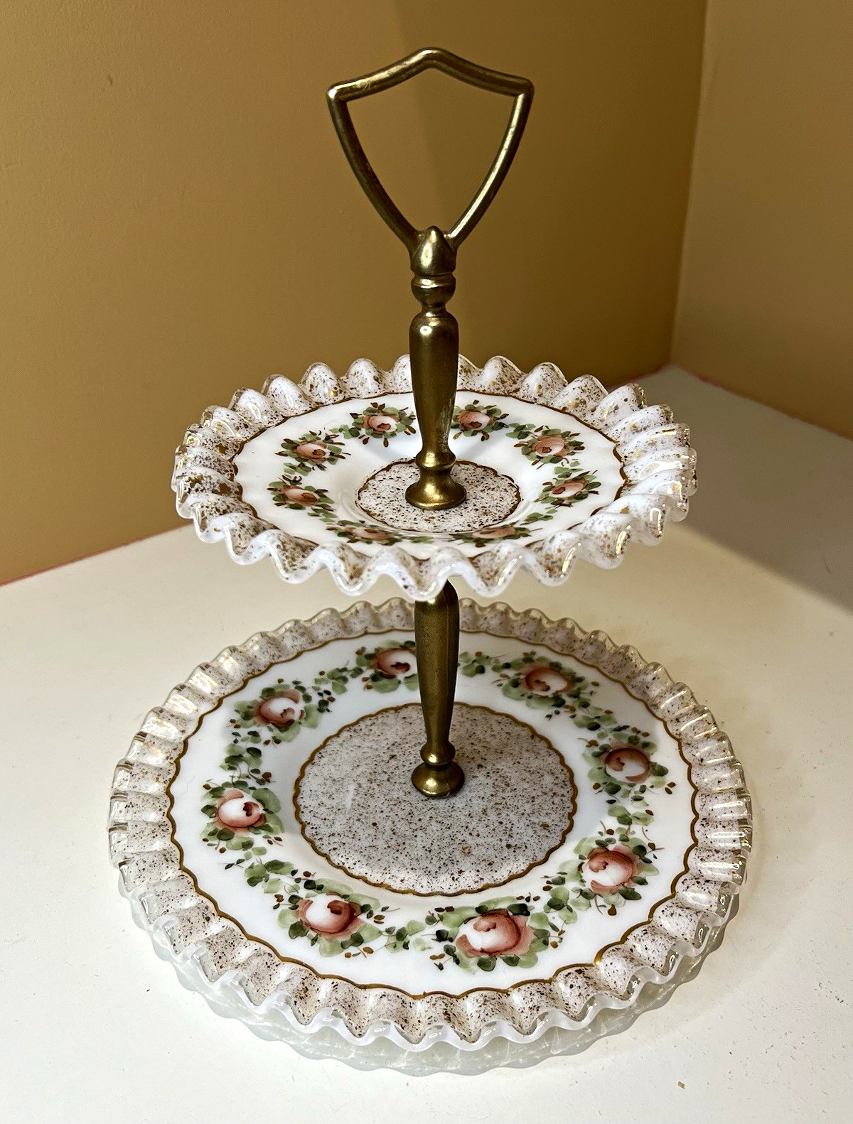 Vintage Fenton Tiered Tray - milky Glass Tiered Stand Floral Ruffled Edge RARE