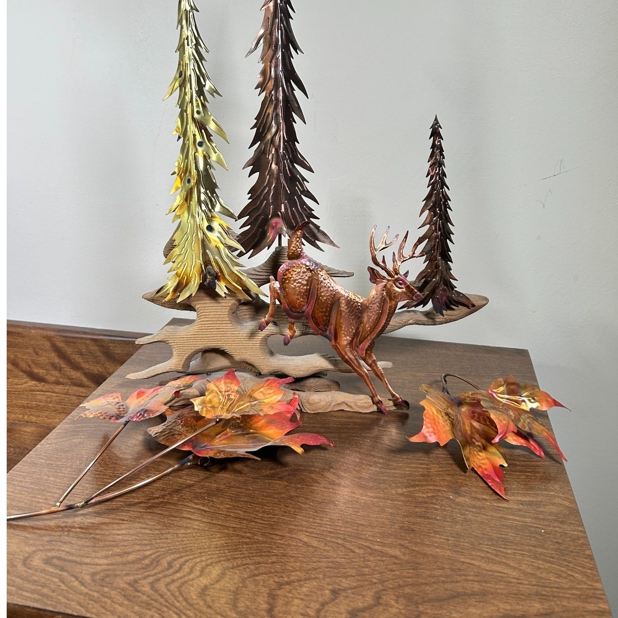 Vintage Copper Tone Metal Deer Forest Trees Fall Leaves Wall Art 70s Decor
