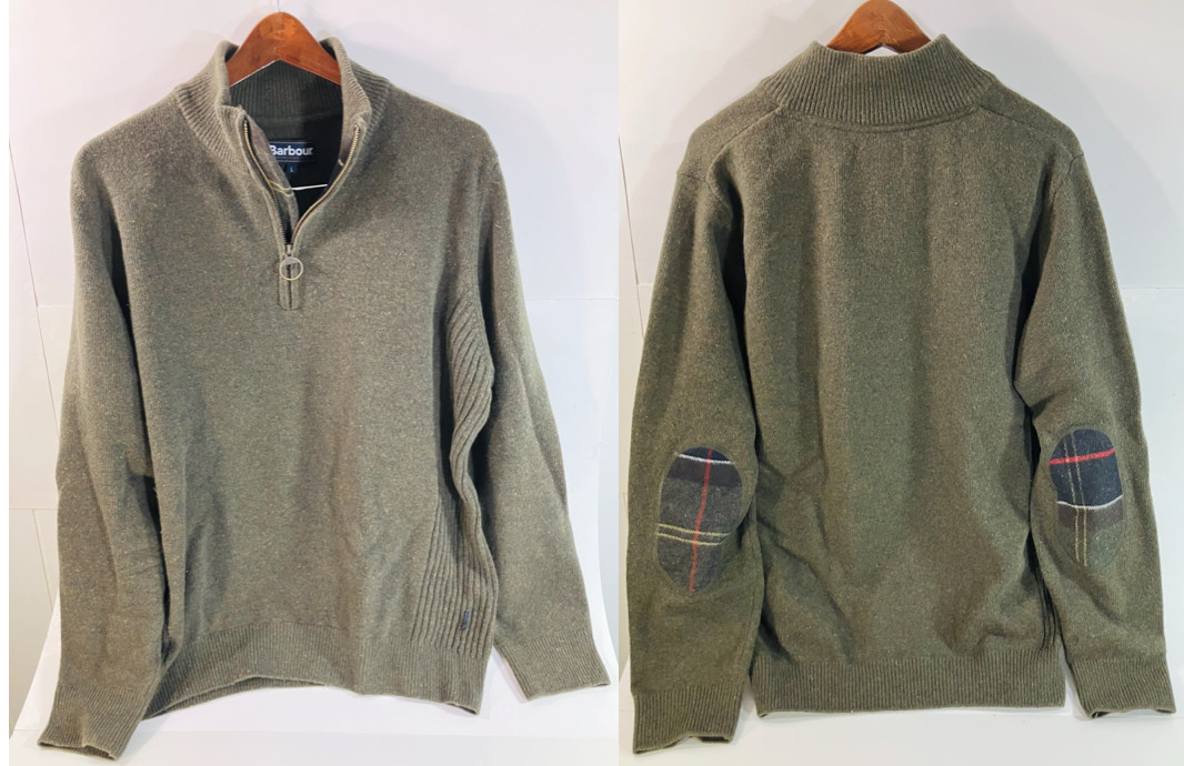 Barbour Holden Quarter Zip Wool Sweater - featuring Tartan Elbow Patches - Large