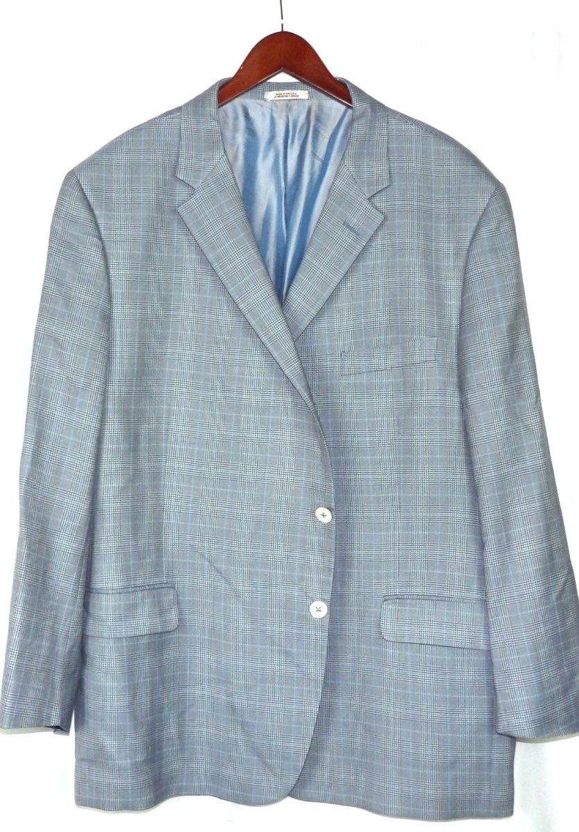 Hickey Freeman 2 Button Wool/Silk Blue Plaid Blazer Sport Jacket Men\'s 52R