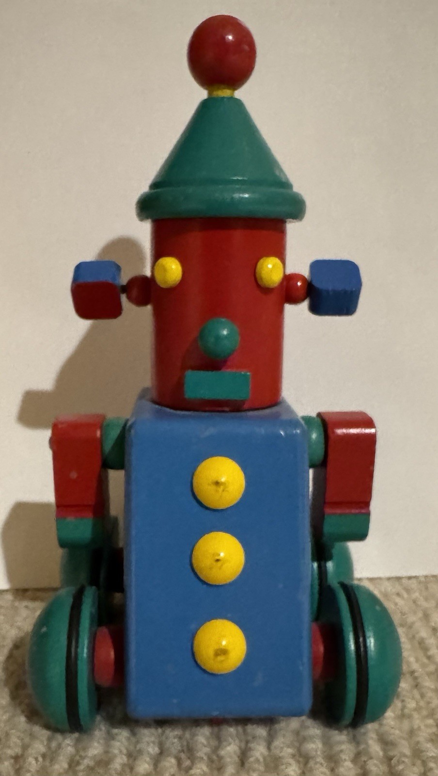 Vintage 1970 Wooden Robot Toy Figure Red Blue Green Yellow Age 3-7