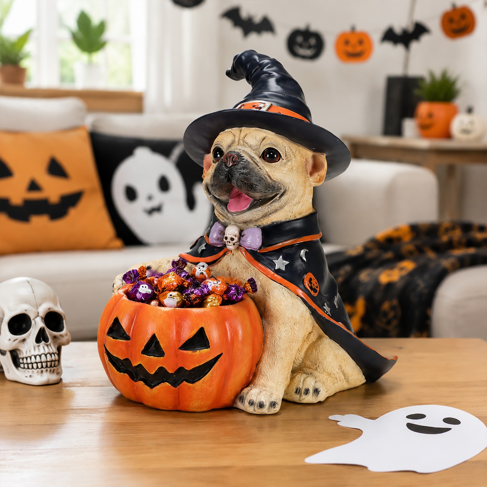 Halloween French Bulldog Witch Puppy Figurine with Candy Bowl