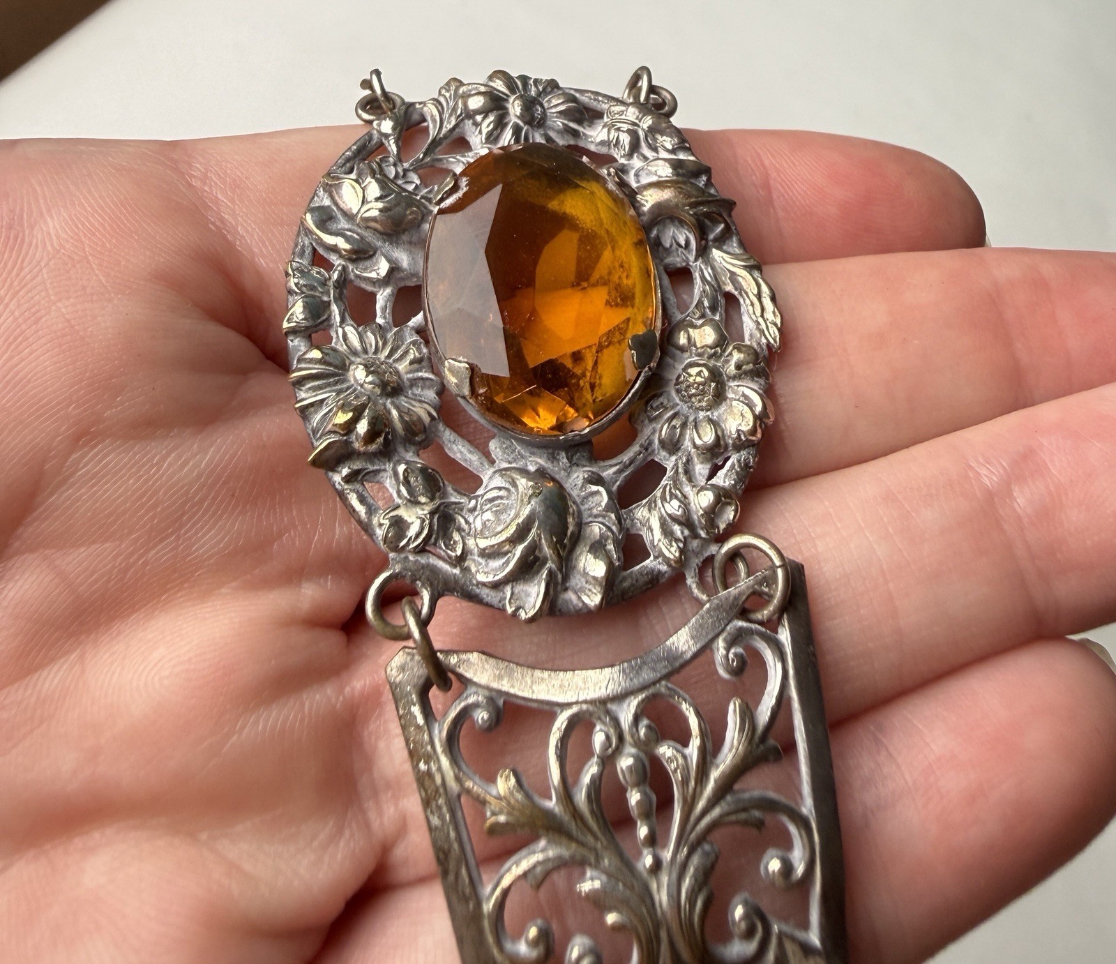 Antique Amber Glass Floral Filigree Panel Bracelet Art Deco 1920s 30s Style