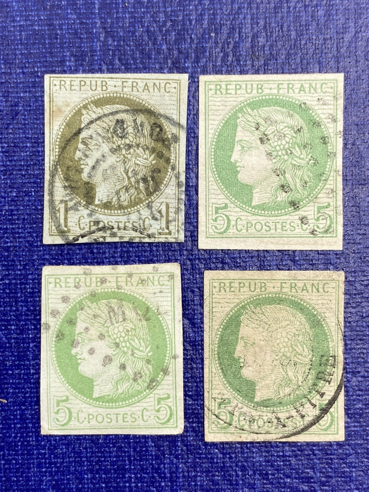 French Colonies 1872 5c green/pale blue + 1c, Scott# 16 + 19, Used, Hinged.