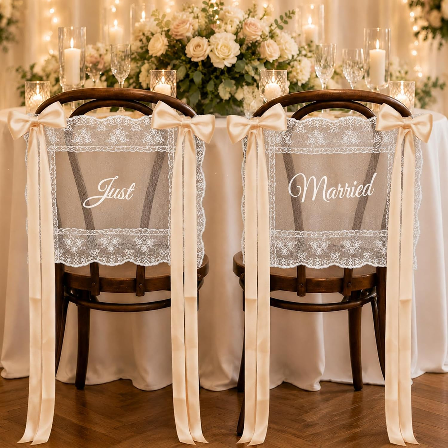 Just Married Wedding Chair Signs Set of 2, Lace Bride and Groom Chair Back