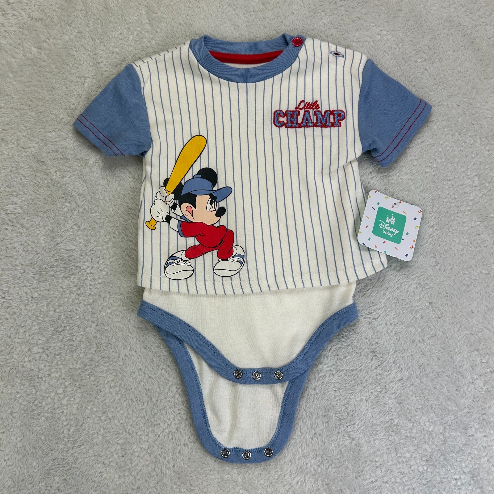 NWT Disney Baby Mickey Mouse Little Champ One Piece 6-9M Blue Pine Striped NWT Disney Baby Mickey Mouse Little Champ One Piece 6-9M Blue Pine Striped
