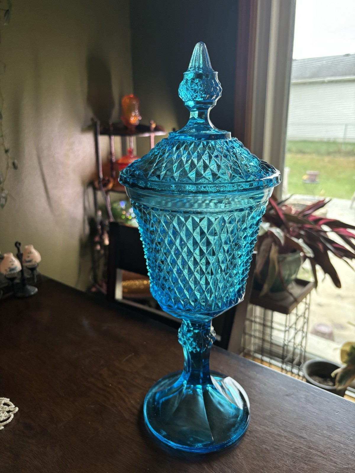 Huge 16” Indiana Glass Blue Diamond Point Apothecary Jar Canister Huge 16” Indiana Glass Blue Diamond Point Apothecary Jar Canister