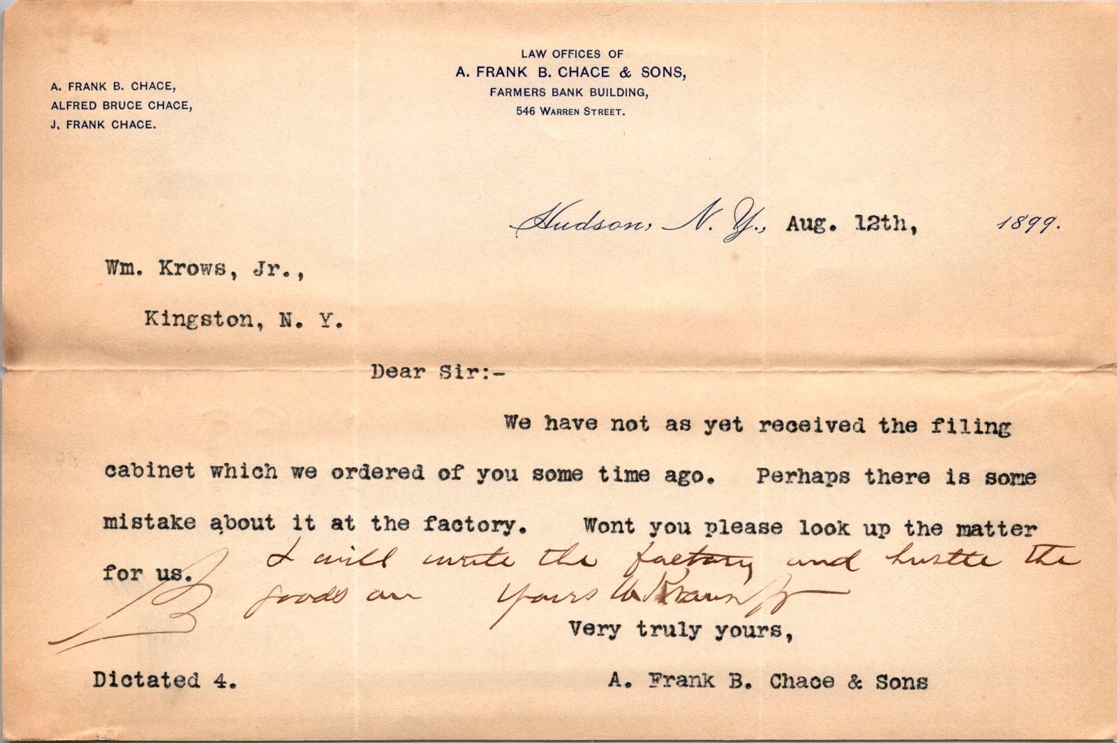 Law Offs A Frank B Chace & Sons 1899 Hudson NY Antique Letterhead Billhead TL4