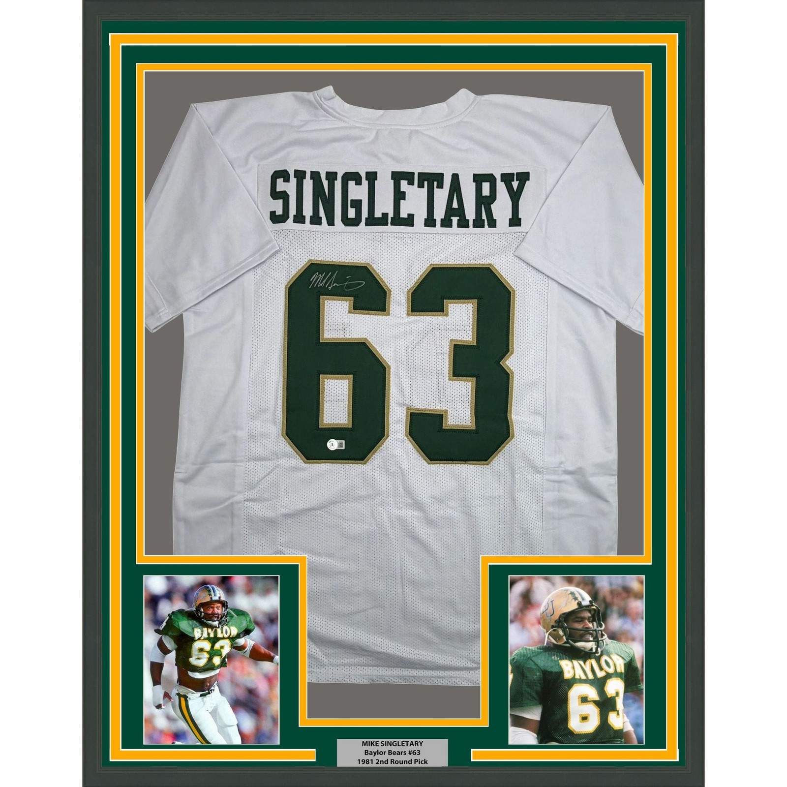 Framed Autographed/Signed Mike Singletary 35x39 Baylor White Jersey BAS COA Framed Autographed/Signed Mike Singletary 35x39 Baylor White Jersey BAS COA