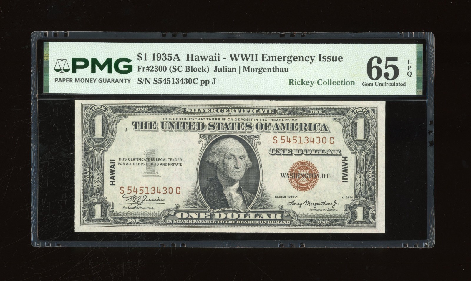 DBR 1935-A $1 Silver Hawaii Gem SC Block Fr. 2300 PMG 65 EPQ Serial S54513430C