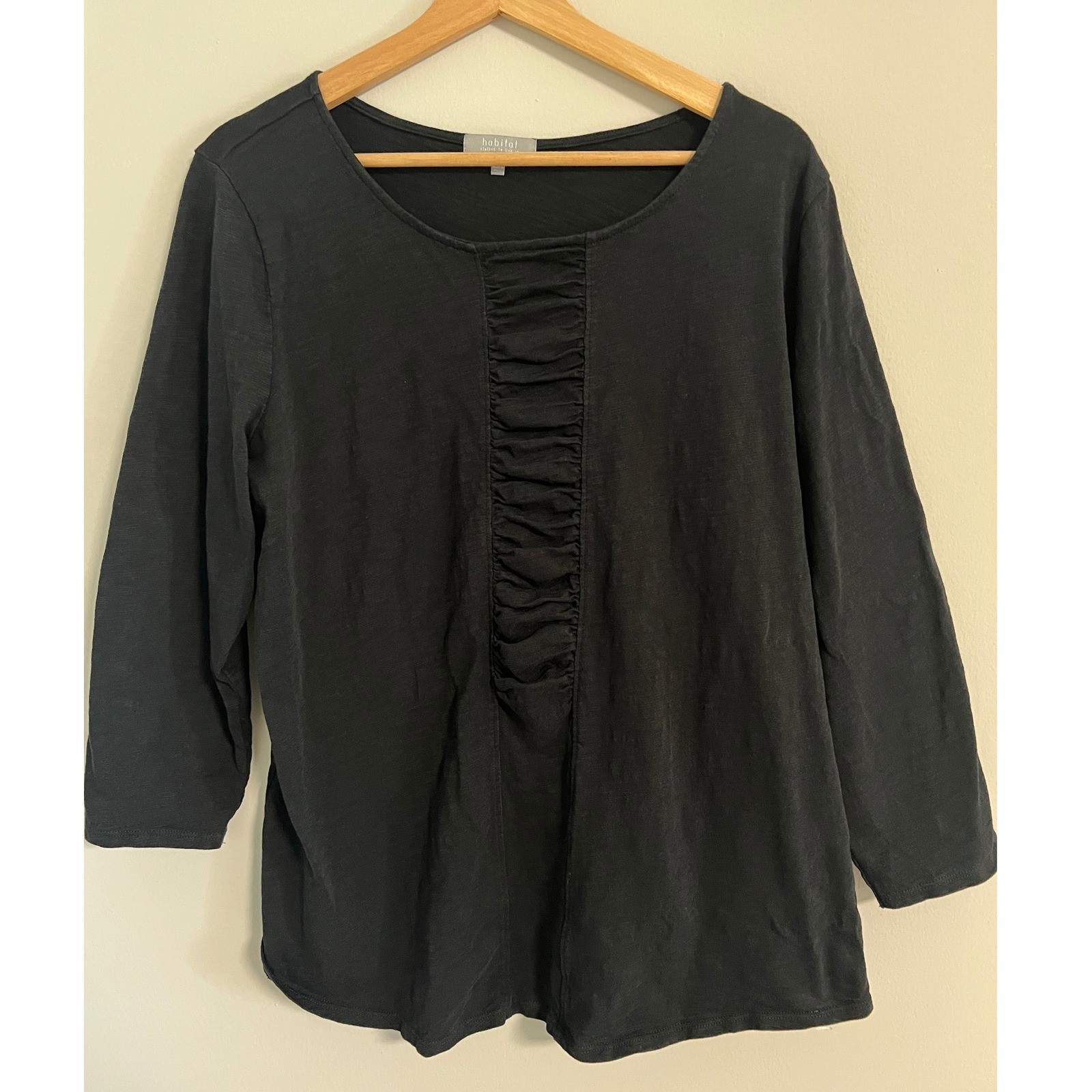 Habitat Clothes To Live In Black 100% Cotton Ruched Front Top L 3/4 Sleeve