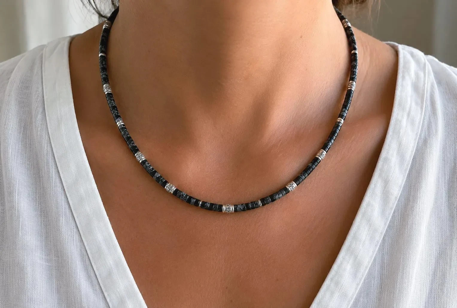 Grey Obsidian And Black Onyx Heishi Necklace With Sterling Silver Accents