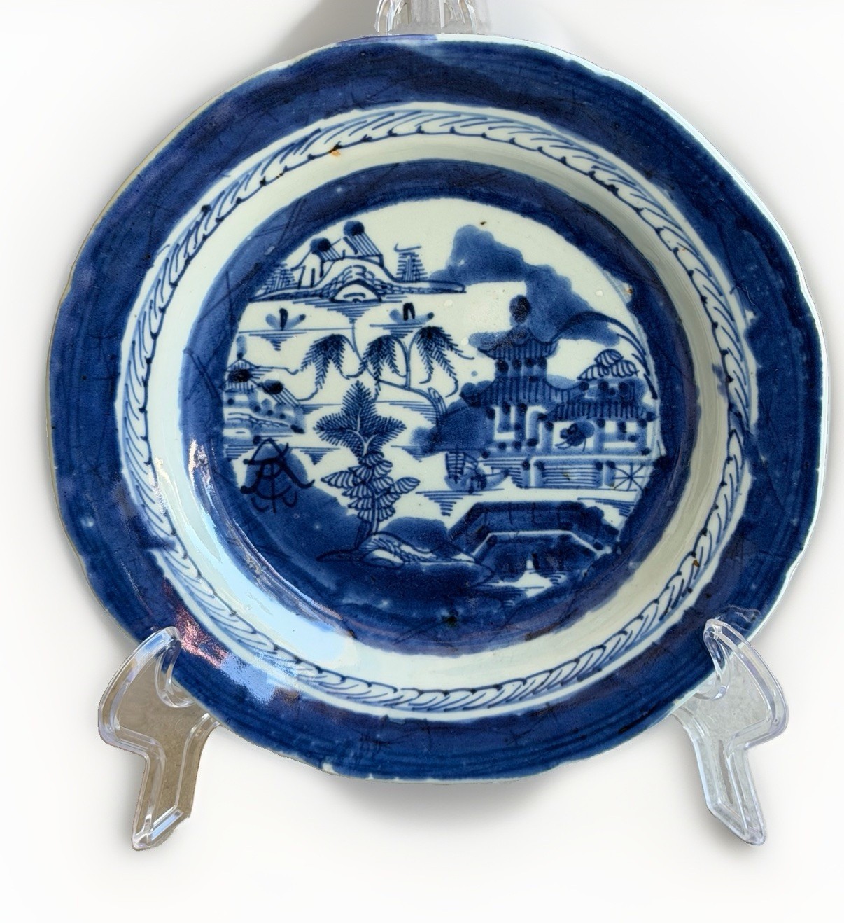 Antique 19th C Chinese Export Canton Blue & White Porcelain Plate 8.5\