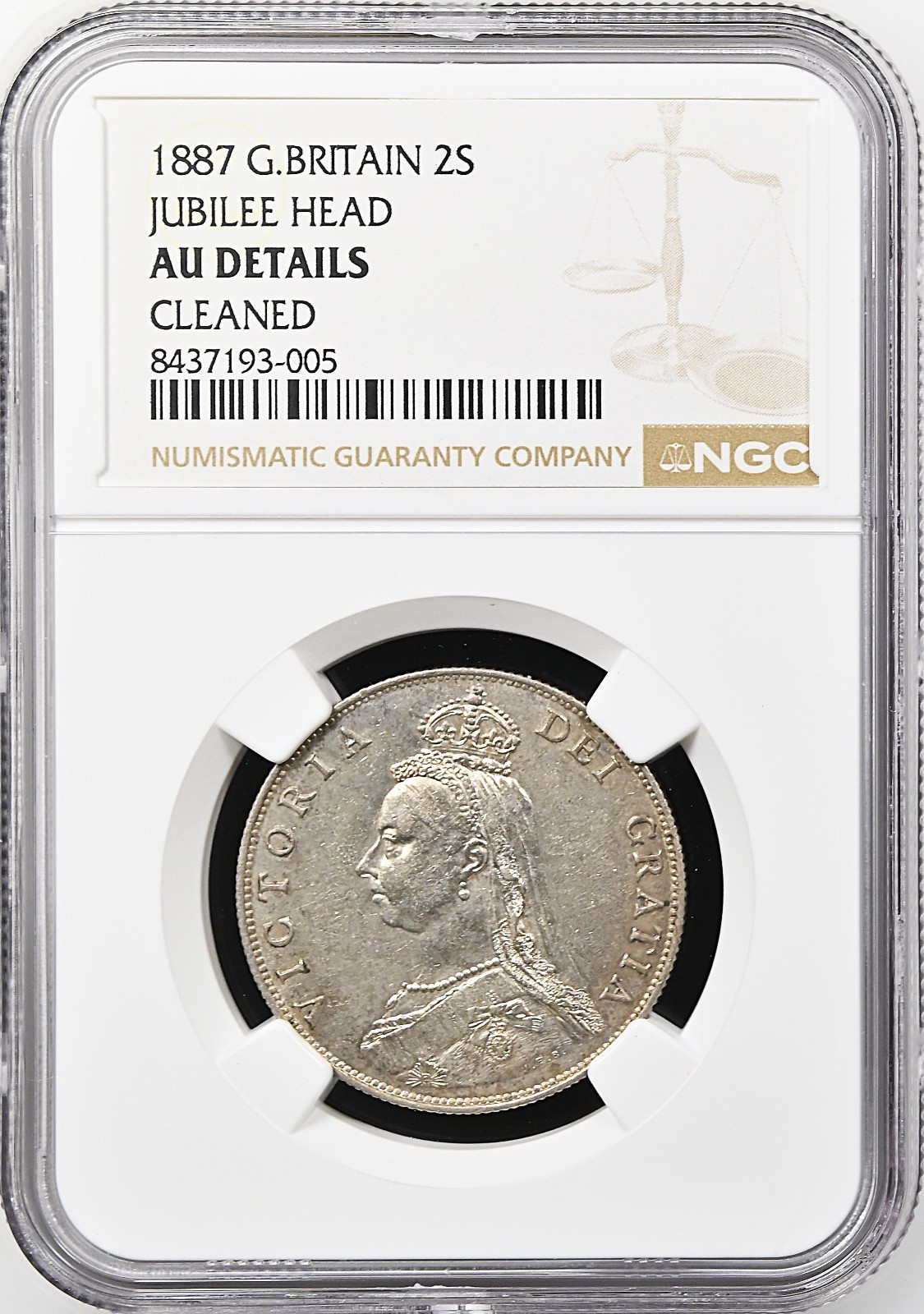 1887 Great Britain Florin (2S) - Victoria Jubilee Head - NGC AU Details Cleaned