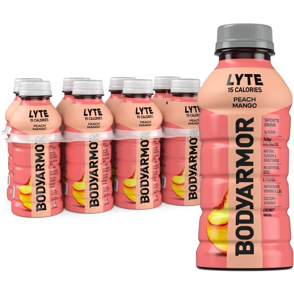 BODYARMOR Lyte Peach Mango Electrolyte Sports Drink Bottles, 12 fl oz, 8 Pack