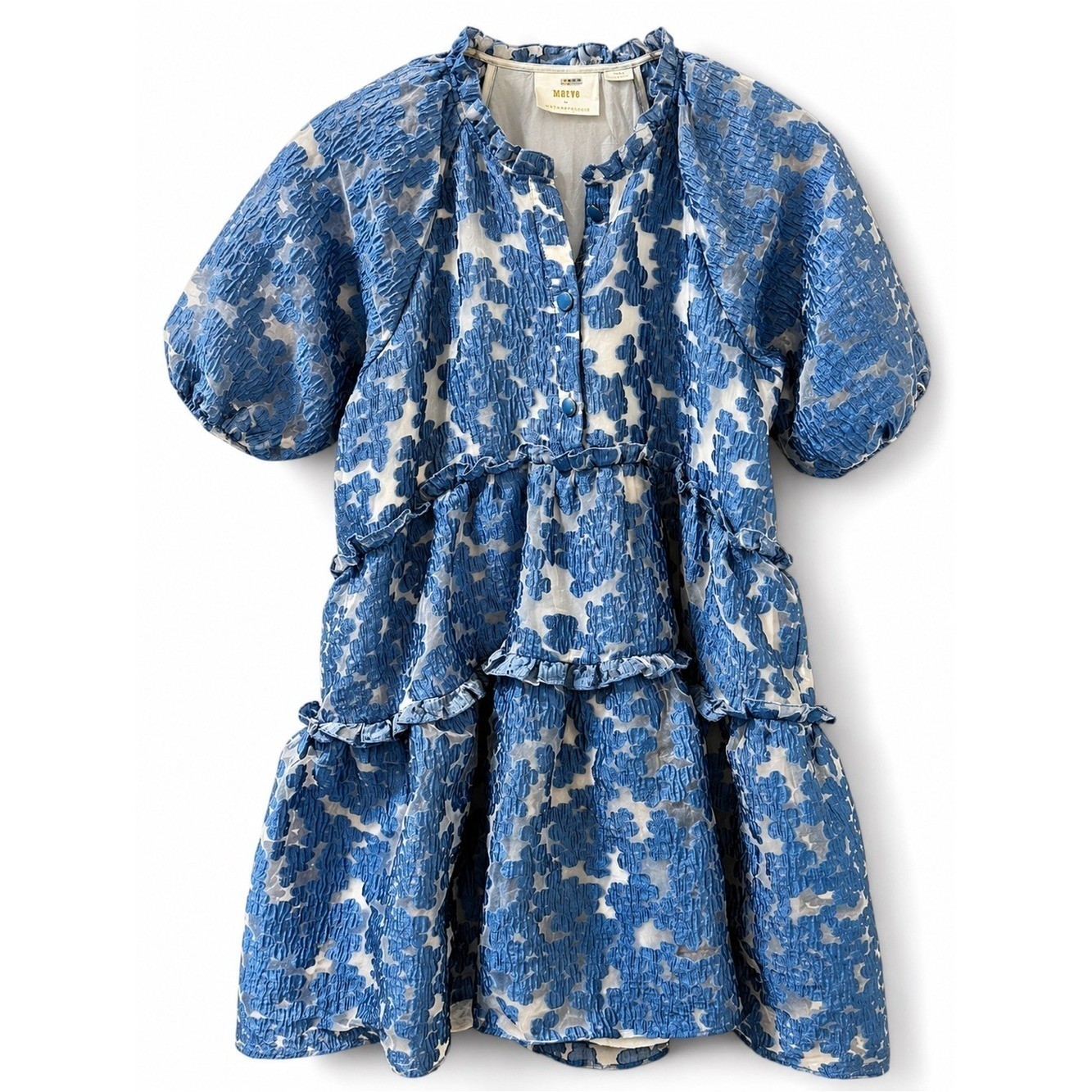 Maeve Anthropologie Tiered Jacquard Dress Blue Textured Puff Sleeve Petite SP