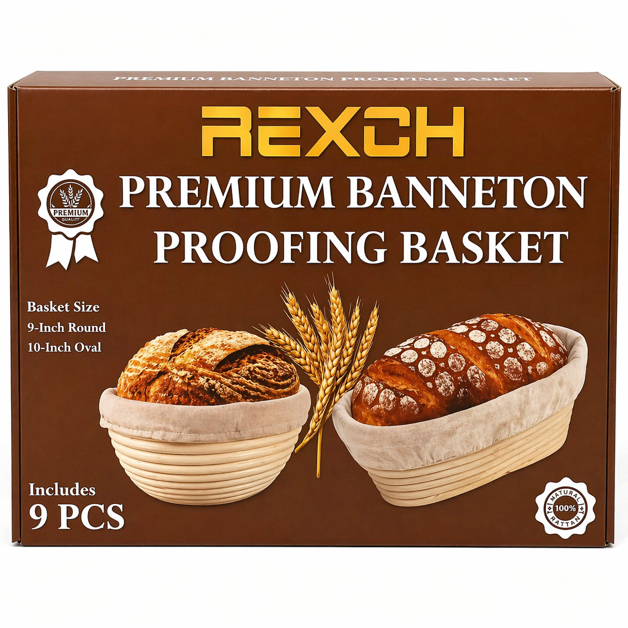 Premium Banneton Proofing Basket Set 9pcs Round Oval Bread Dough Rattan Kit