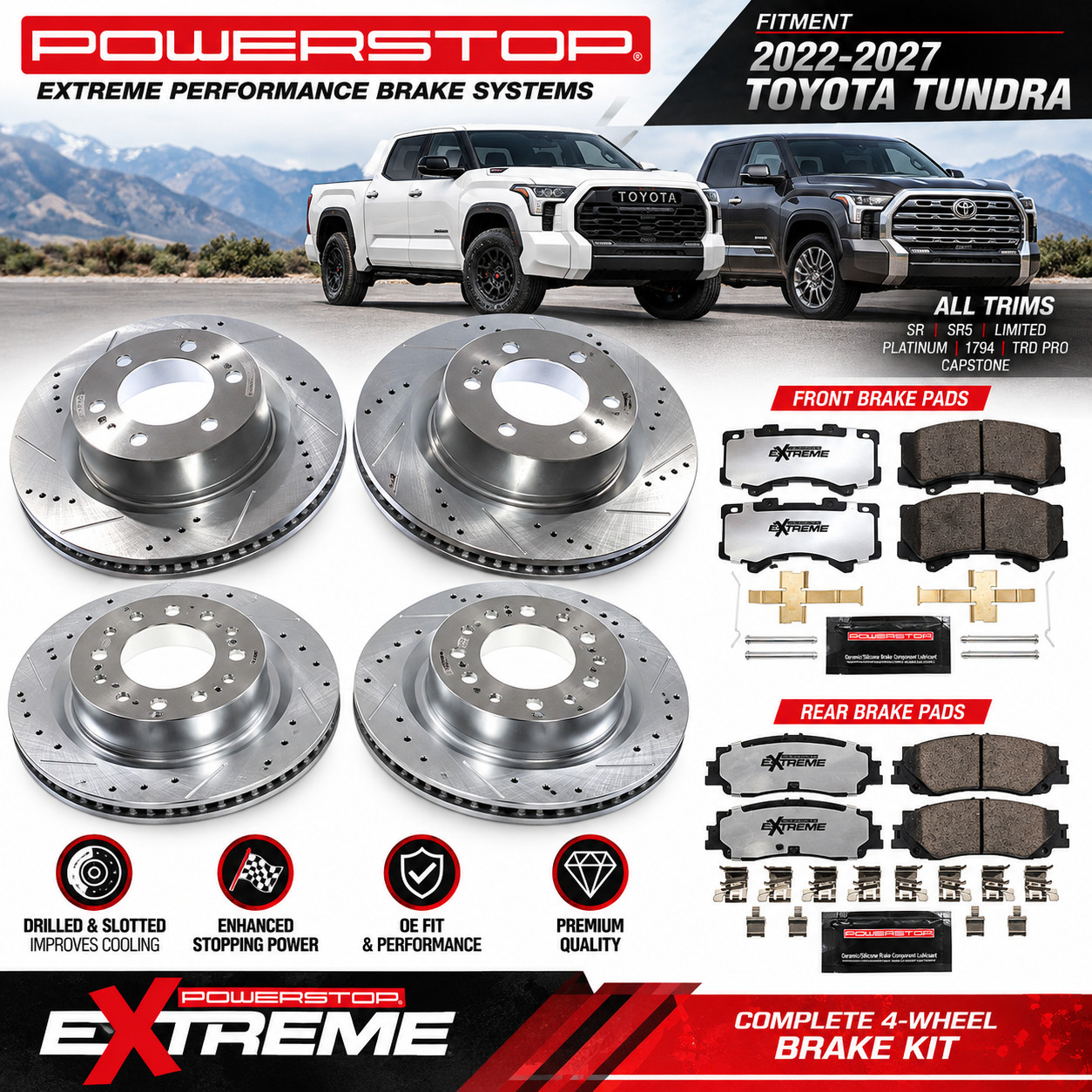 2022-27 Toyota Tundra POWER STOP Drilled & Slotted brake Rotors/Pads Set