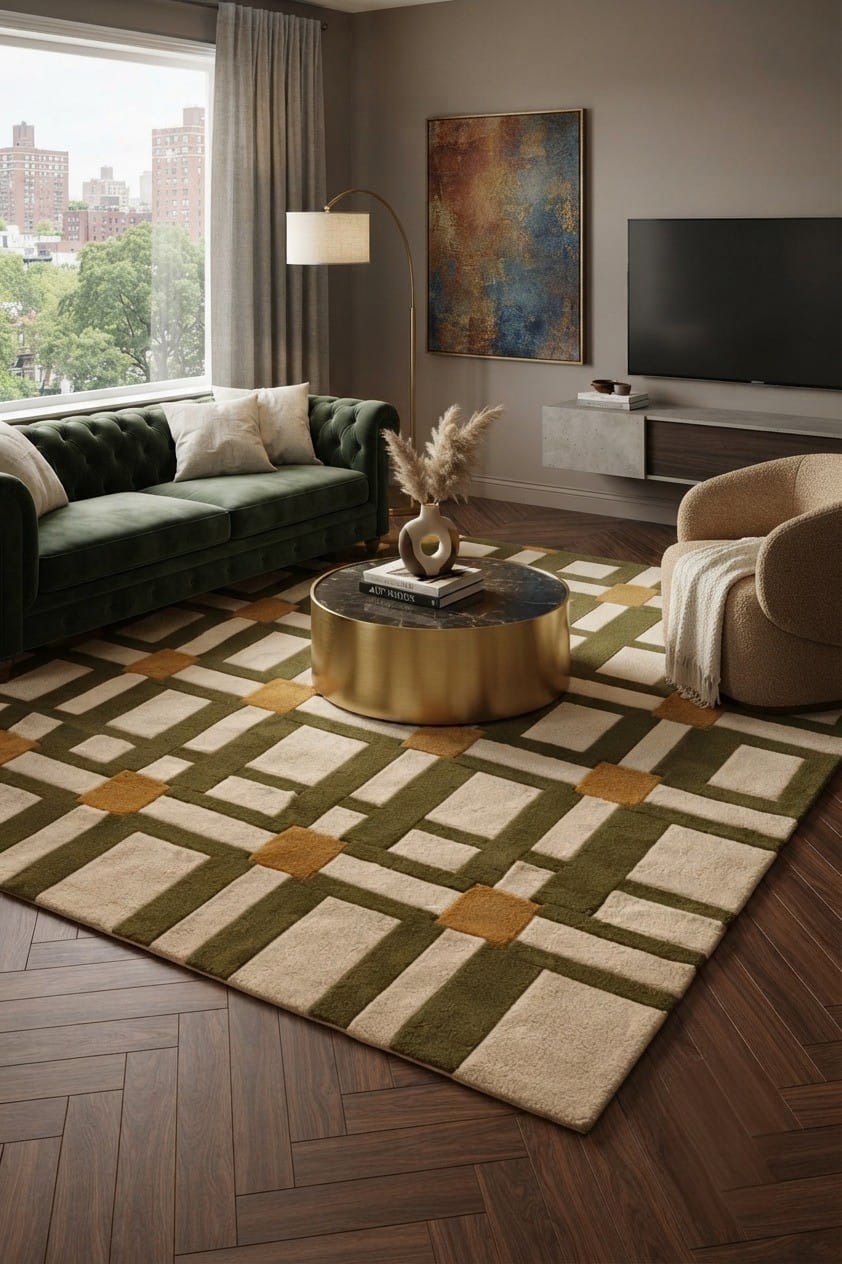 Share Hand Tufted Area Rug Green & Yellow Geometric Boho Carpet Living Room