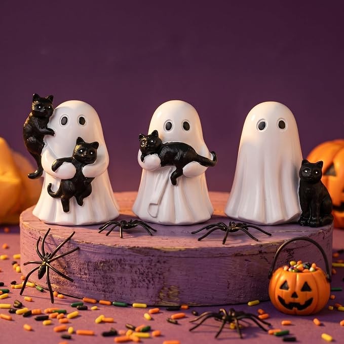 3 Pcs Halloween Ghost Figurines Black Cat Ornaments Table Decor