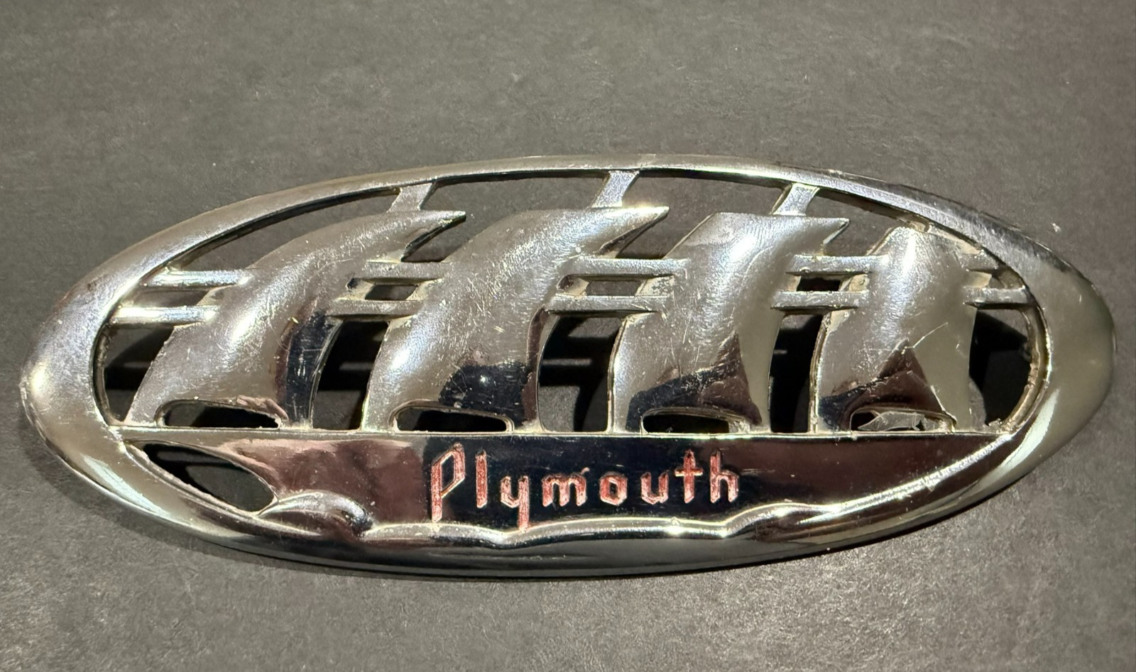 Vintage 1938 Plymouth Sails Chrome Trunk Lid Badge Emblem Vintage 1938 Plymouth Sails Chrome Trunk Lid Badge Emblem