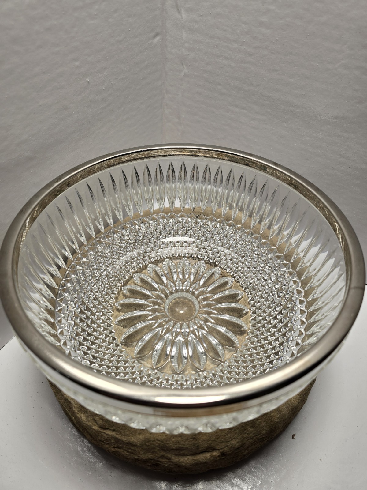 Vintage F.B Rogers Crystal Salad Fruit Bowl Centerpiece Silver Plate Rim Diamond