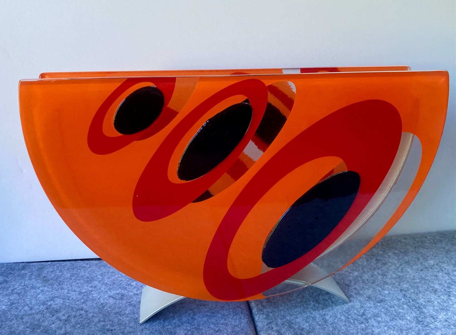 Art Glass Bowl Post Modern Art Orange Red Black Memphis Blues