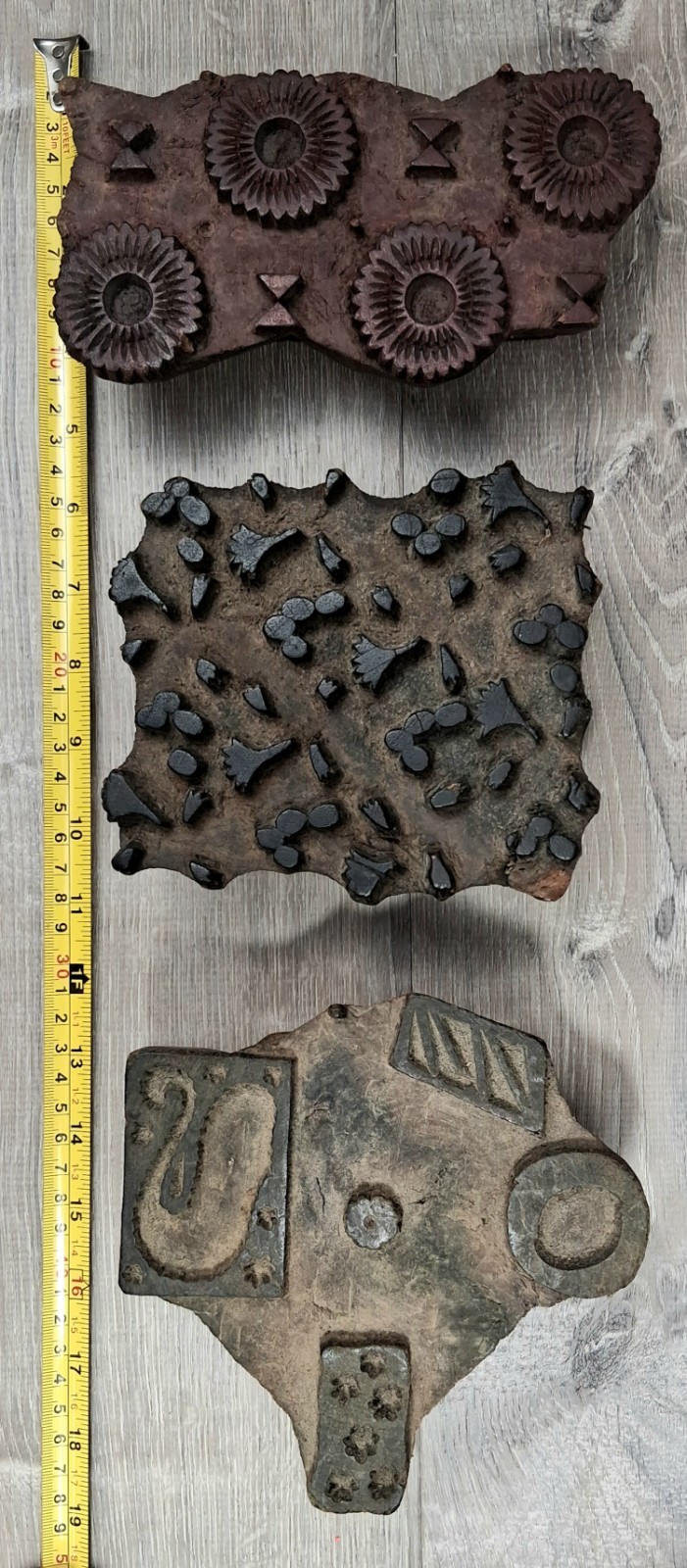 Antique Hand Carved Textile Wood Patern Blocks Three Made In India Early 1900s