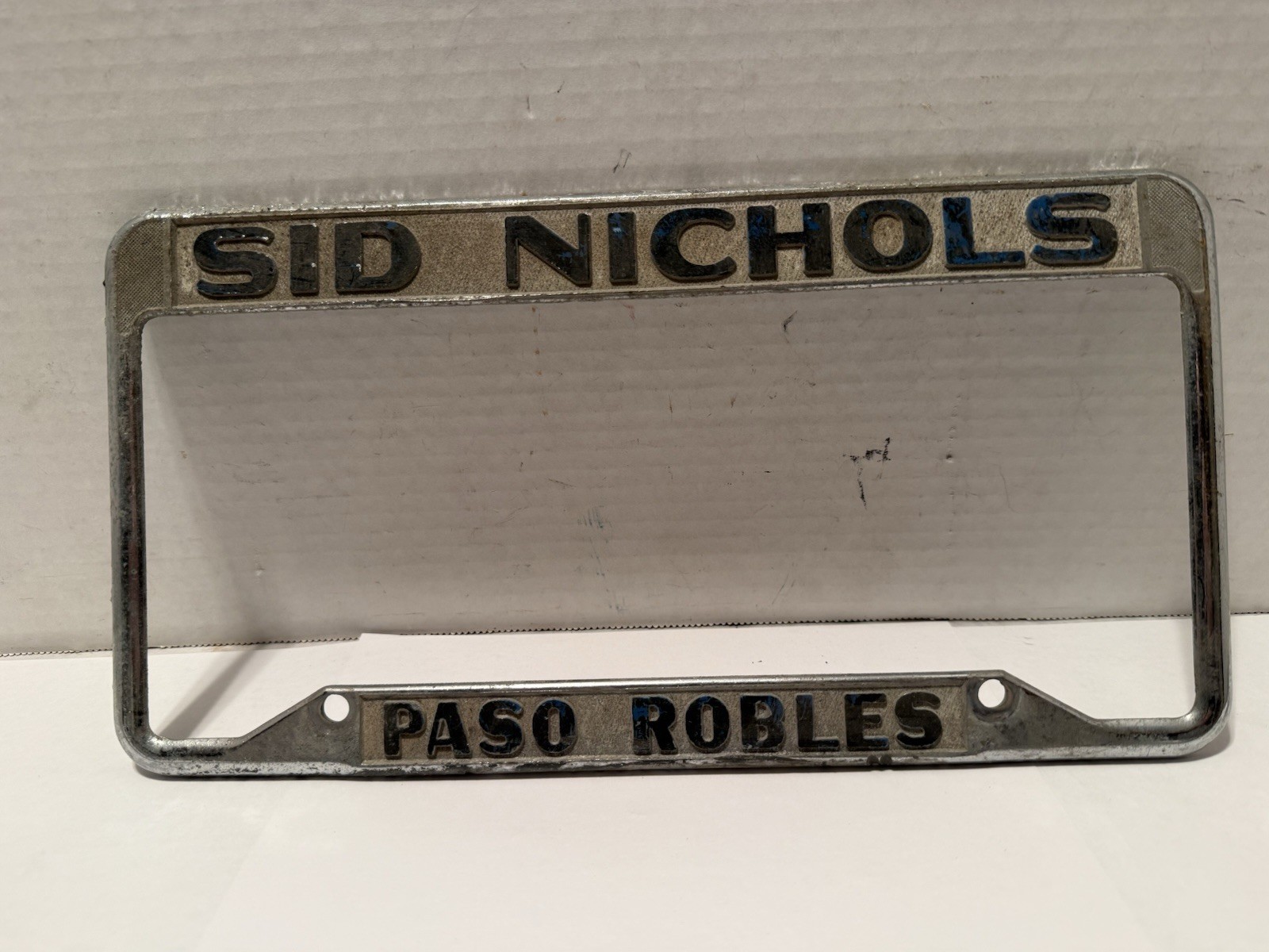 Vintage Sid Nichols Paso Robles Metal License Plate Frame Robert W. Brown Used
