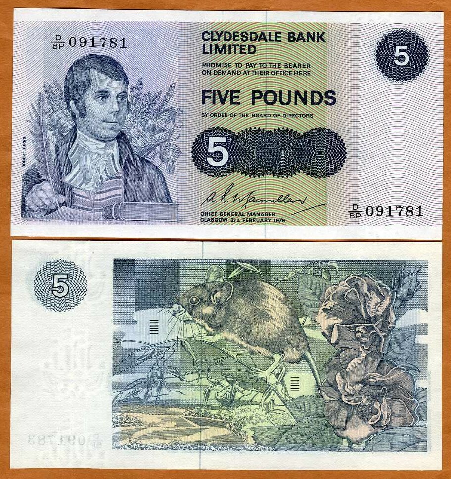 Scotland, Clydesdale Bank, 5 pounds, 1976, P-205c, UNC Robert Burns
