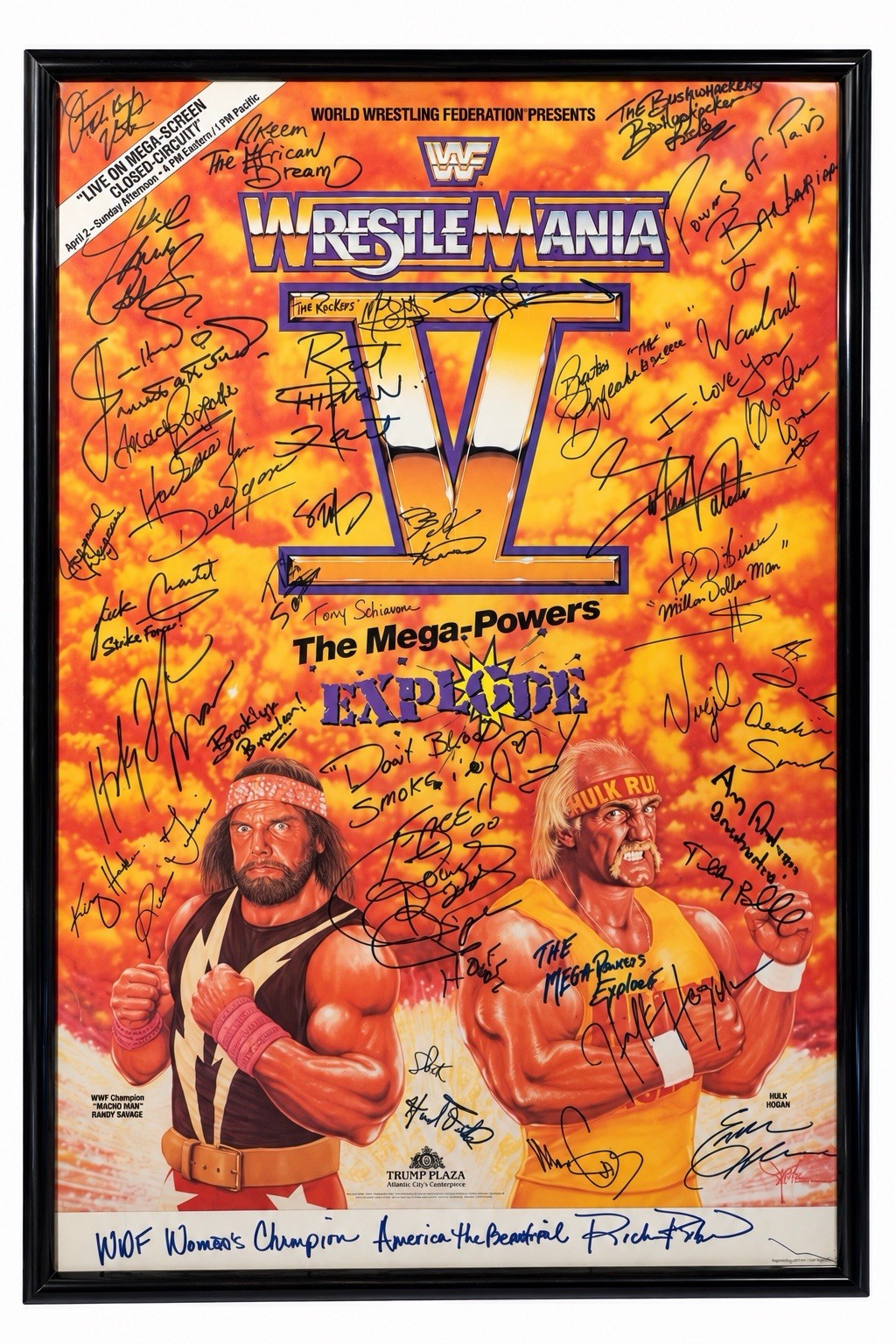 ORIGINAL WWF WRESTLEMANIA V 1989 MULTI-SIGNED X38 TRUMP PLAZA WWE POSTER FRAMED