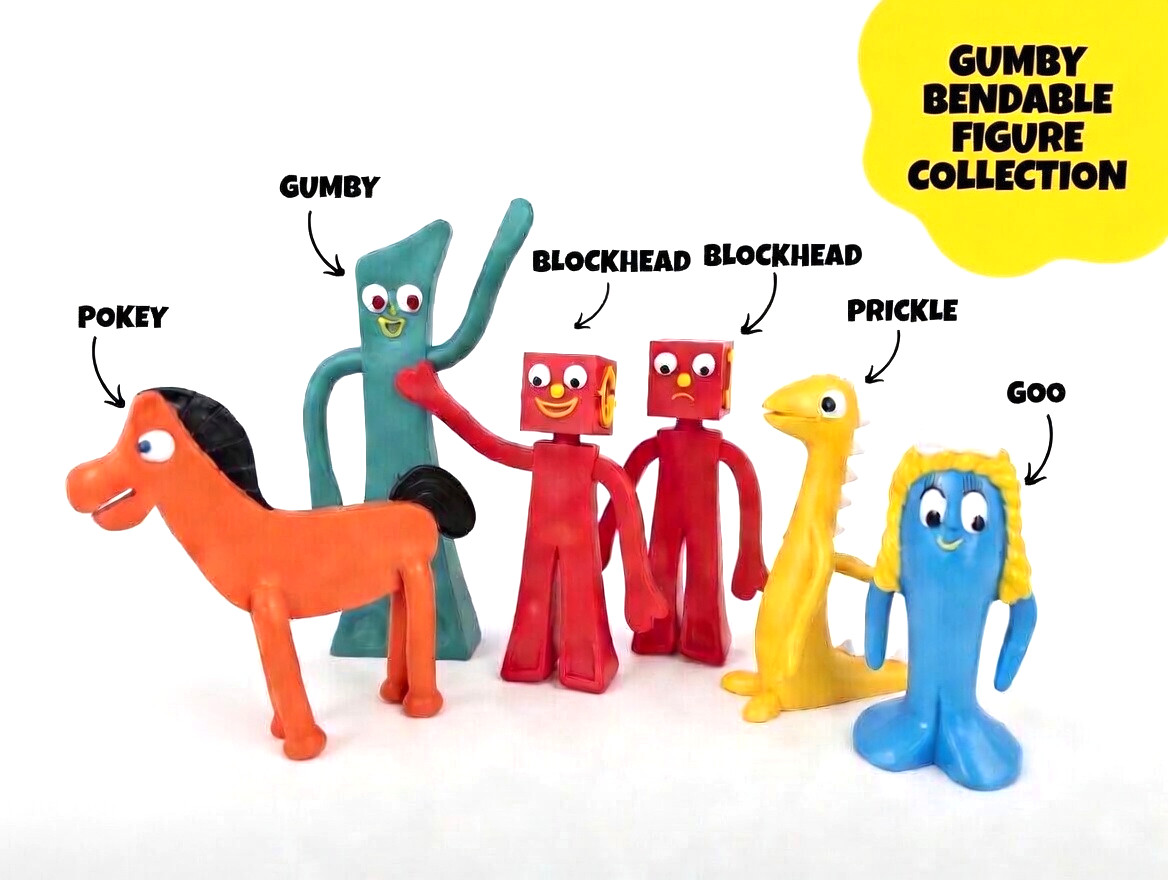 Gumby Bendable Figure Collection Gumby,Pokey,Prickle, Goo & 2 Blockheads RARE