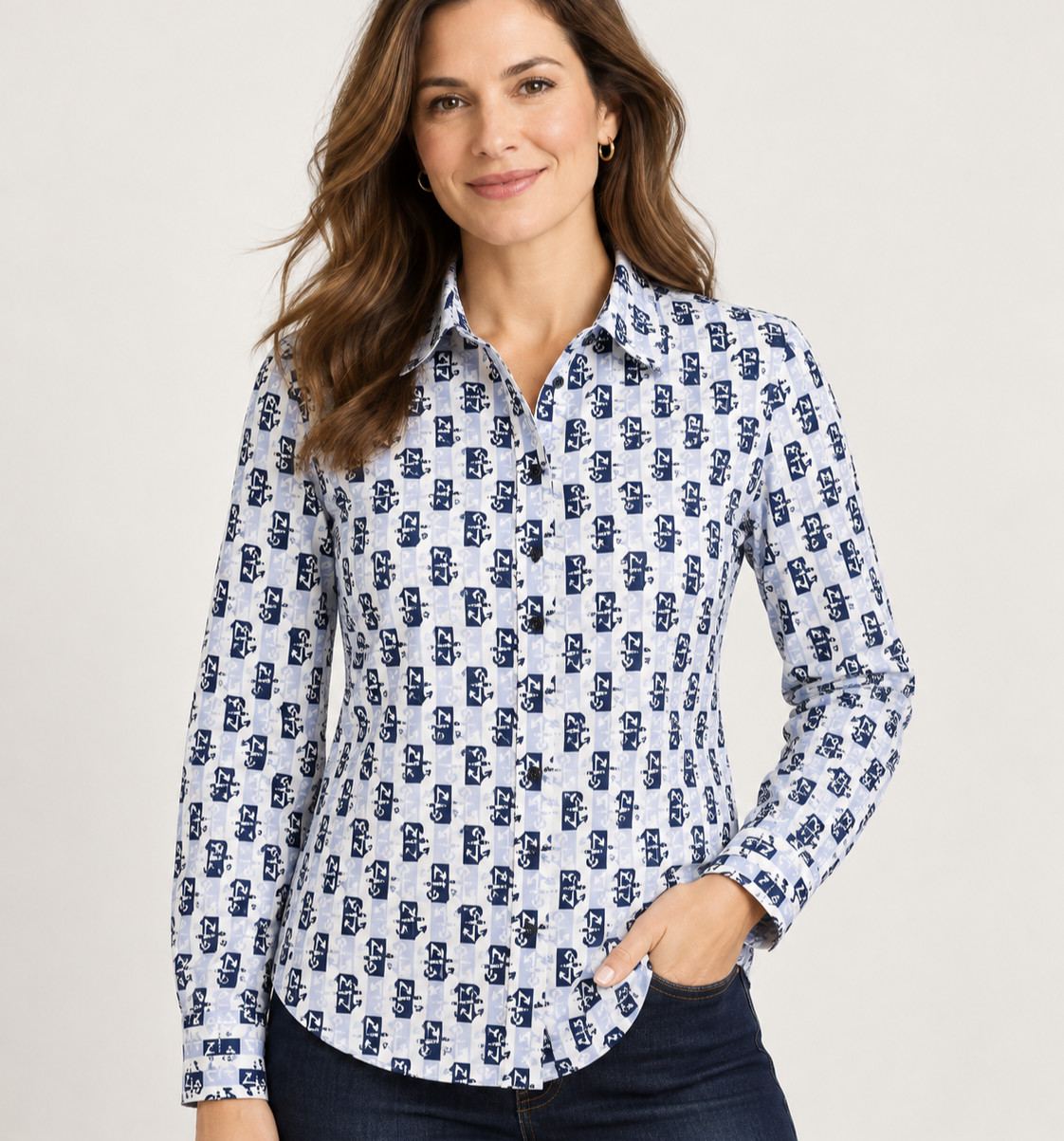 Talbots Womens No Iron Shirt Anchor Print Blue Long Sleeve Cotton Stretch Size 8