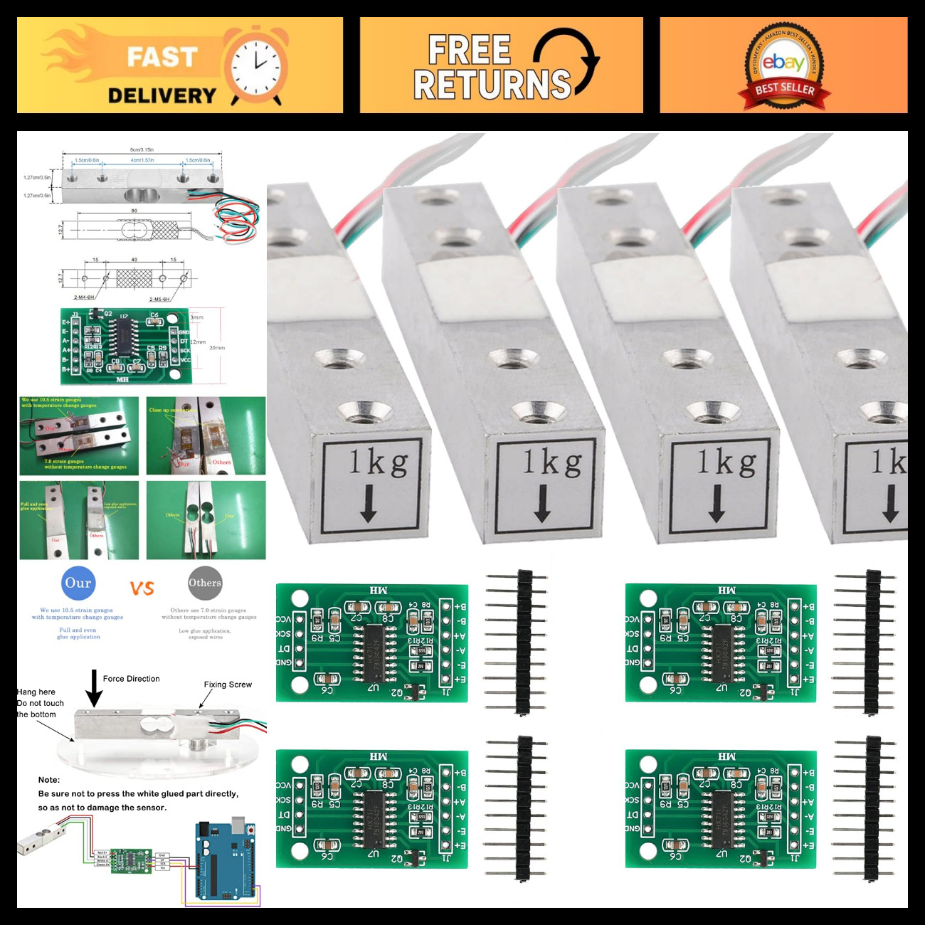 4 Sets Load Cell Kit with HX711 A/D Amplifier for DIY Kitchen Scale Weighing Sen