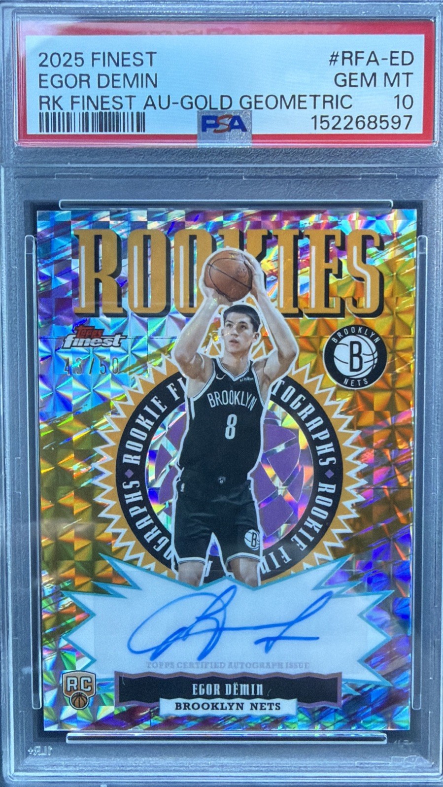 2025-26 Topps Finest Egor Demin Rookie Autograph Gold Geometric /50. PSA 10.
