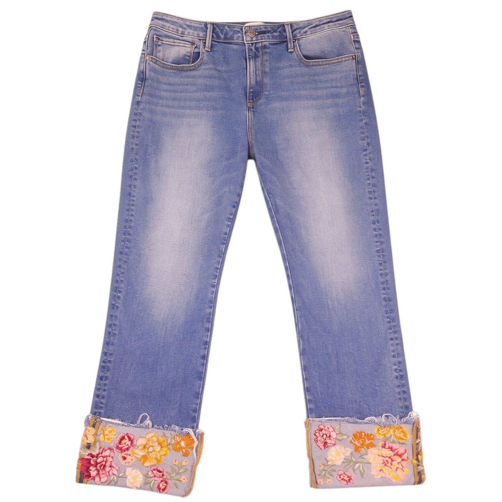 Driftwood Colette Jeans Womens 14 Blue Floral Embroidered Cuffed Raw Hem Boho