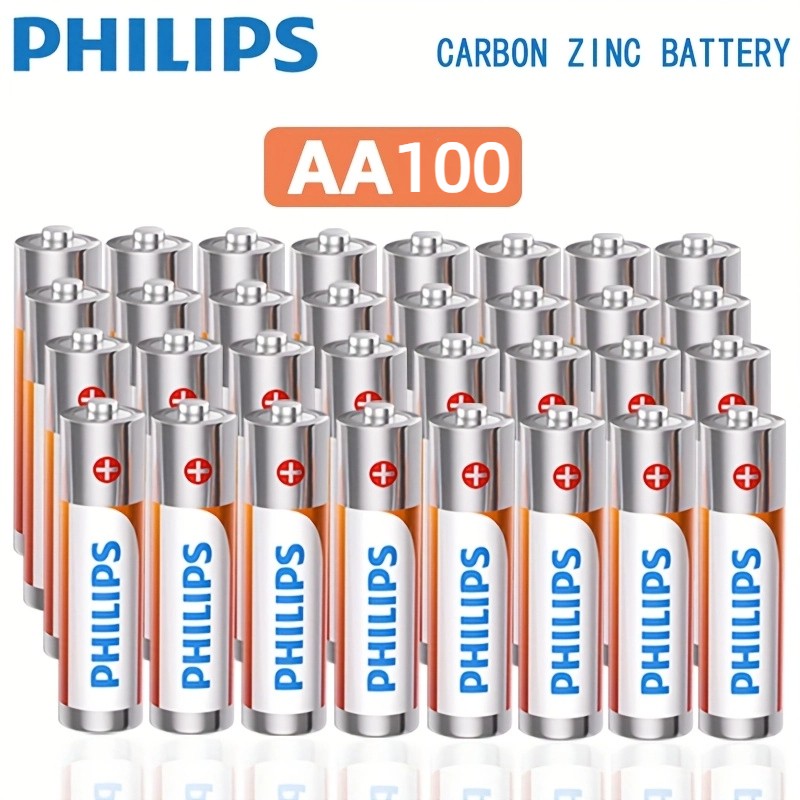 100PCS Philips AA Carbon Zinc Batteries 1.5V for Remote Controls  Wall Clocks