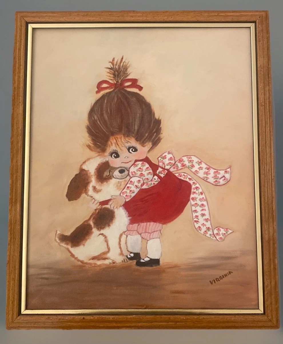 Vtg 1960’s Original Girl Dog Portrait Framed Oil Painting 22.5” X 18.5” MCM Rare Vtg 1960’s Original Girl Dog Portrait Framed Oil Painting 22.5” X 18.5” MCM Rare
