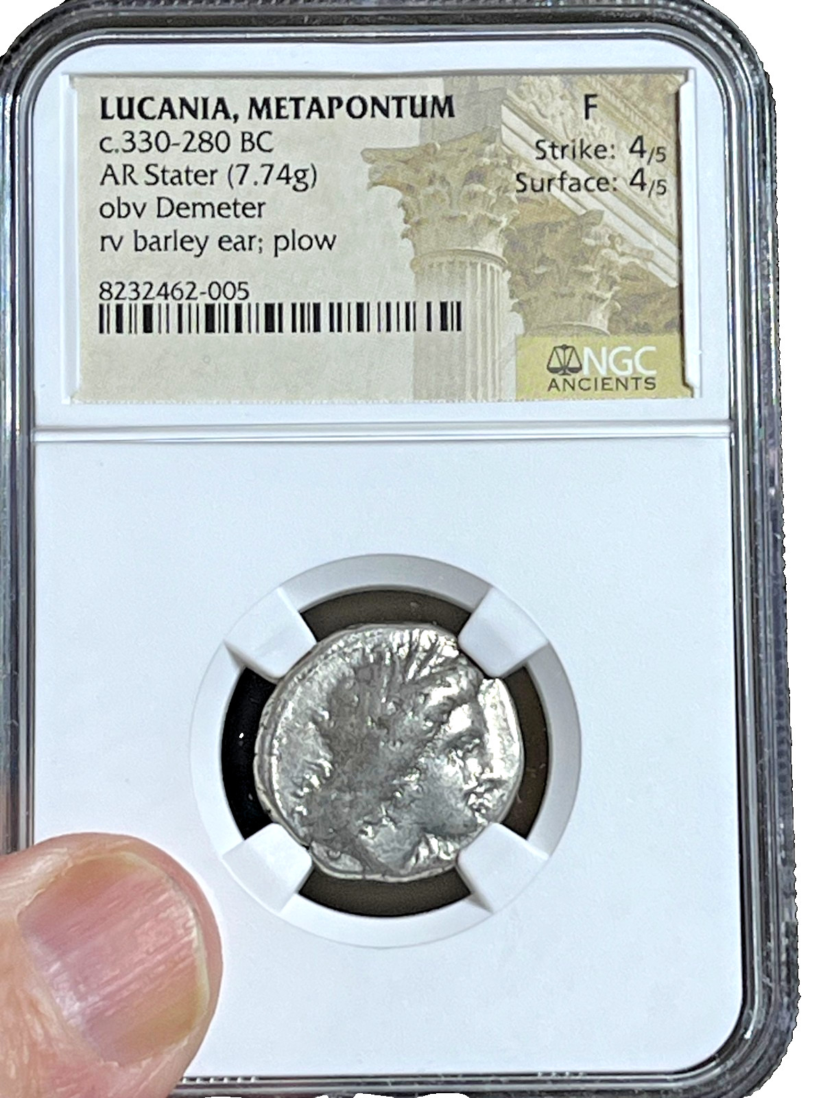 Greek Lucania Metapontum AR Stater, c.330-280 BC, 4 Strike & Surface, NGC-Fine Greek Lucania Metapontum AR Stater, c.330-280 BC, 4 Strike & Surface, NGC-Fine