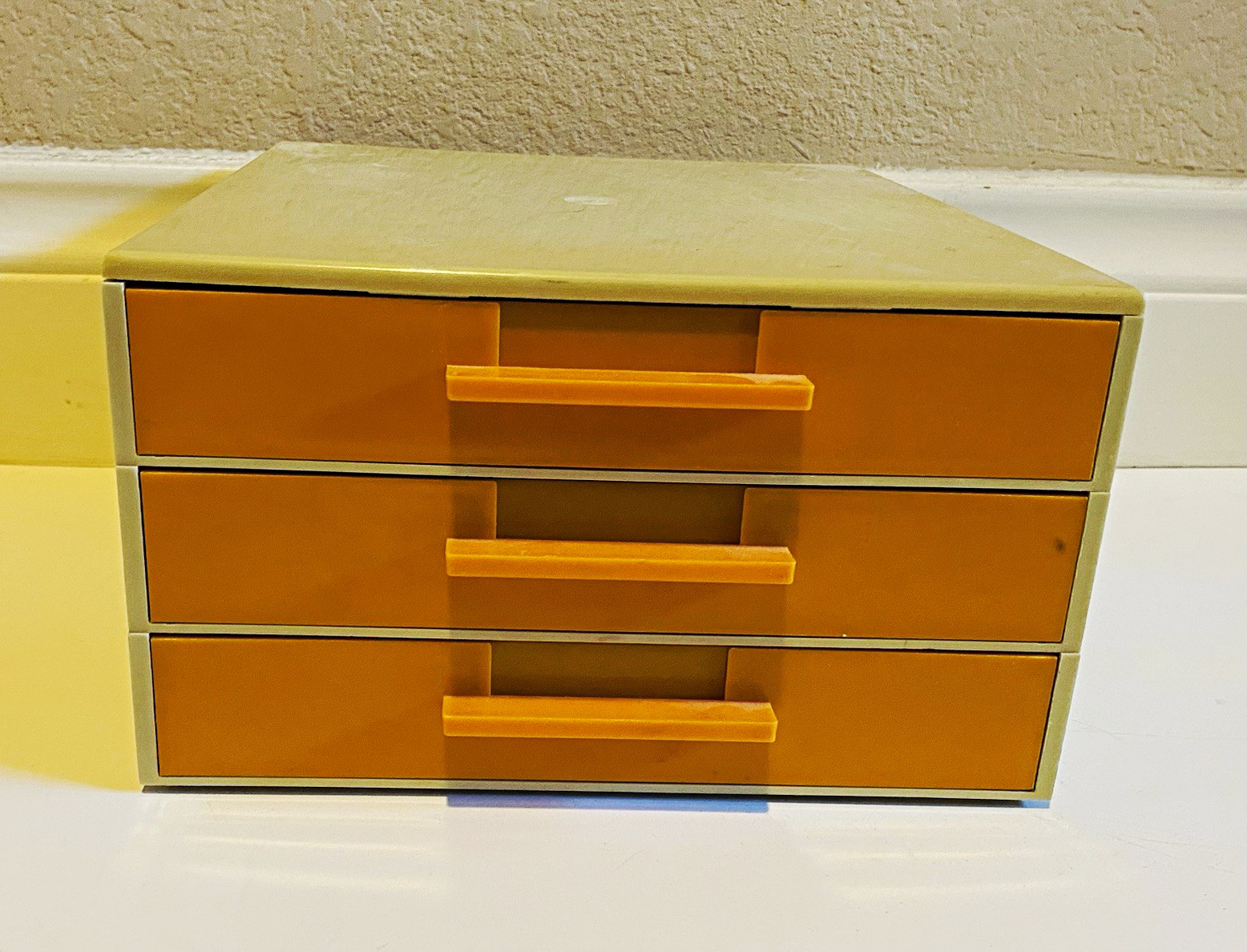 Vintage 1970s Stackable Hard Plastic 3-Tier Office Drawers Beige & Orange