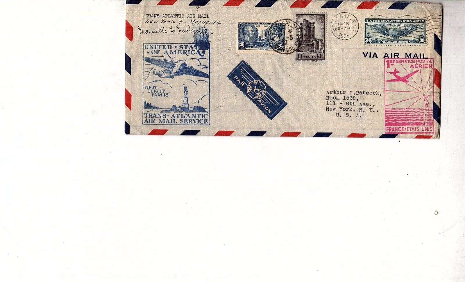 efo USA to Marseille  back to USA  freak  Round Flight cover 2 cachets  FFC (AA1