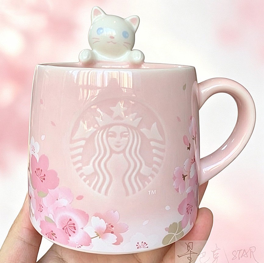 Starbucks13oz Pink Cherry Blossom Ceramic Mug Cat Figurine Daily Coffee Gift Cup