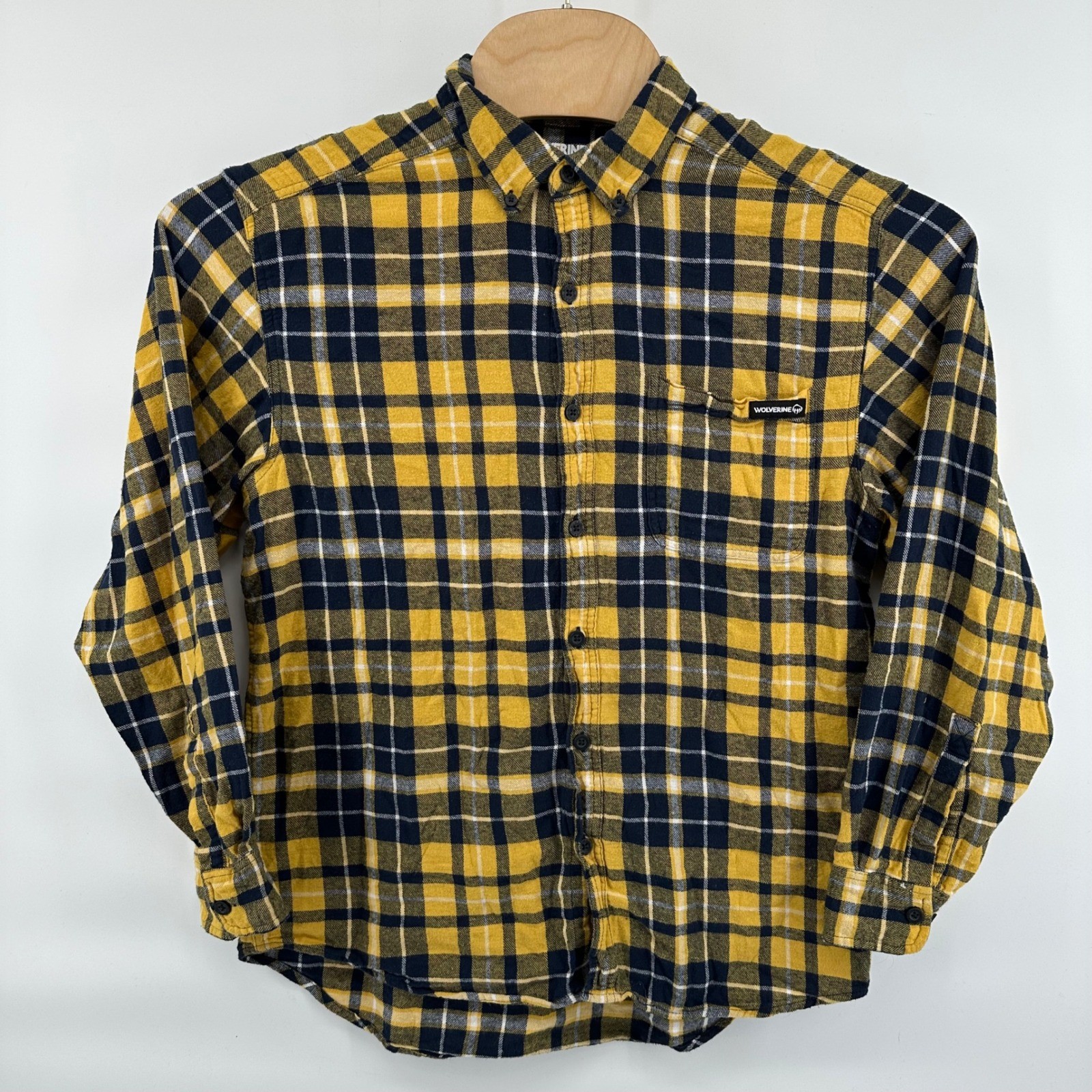 Wolverine Flannel Shirt Mens L Yellow Navy Blue White Plaid Cotton Workwear