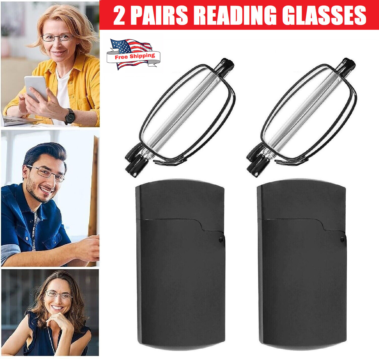 2Pairs Foldable Metal Compact Reading Glasses Anti-Blue Light W/ Case 1.0~3.0 US