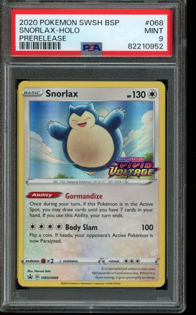 PSA 9 MINT Pokemon Snorlax Vivid Voltage Prerelease Promo Holo SWSH068